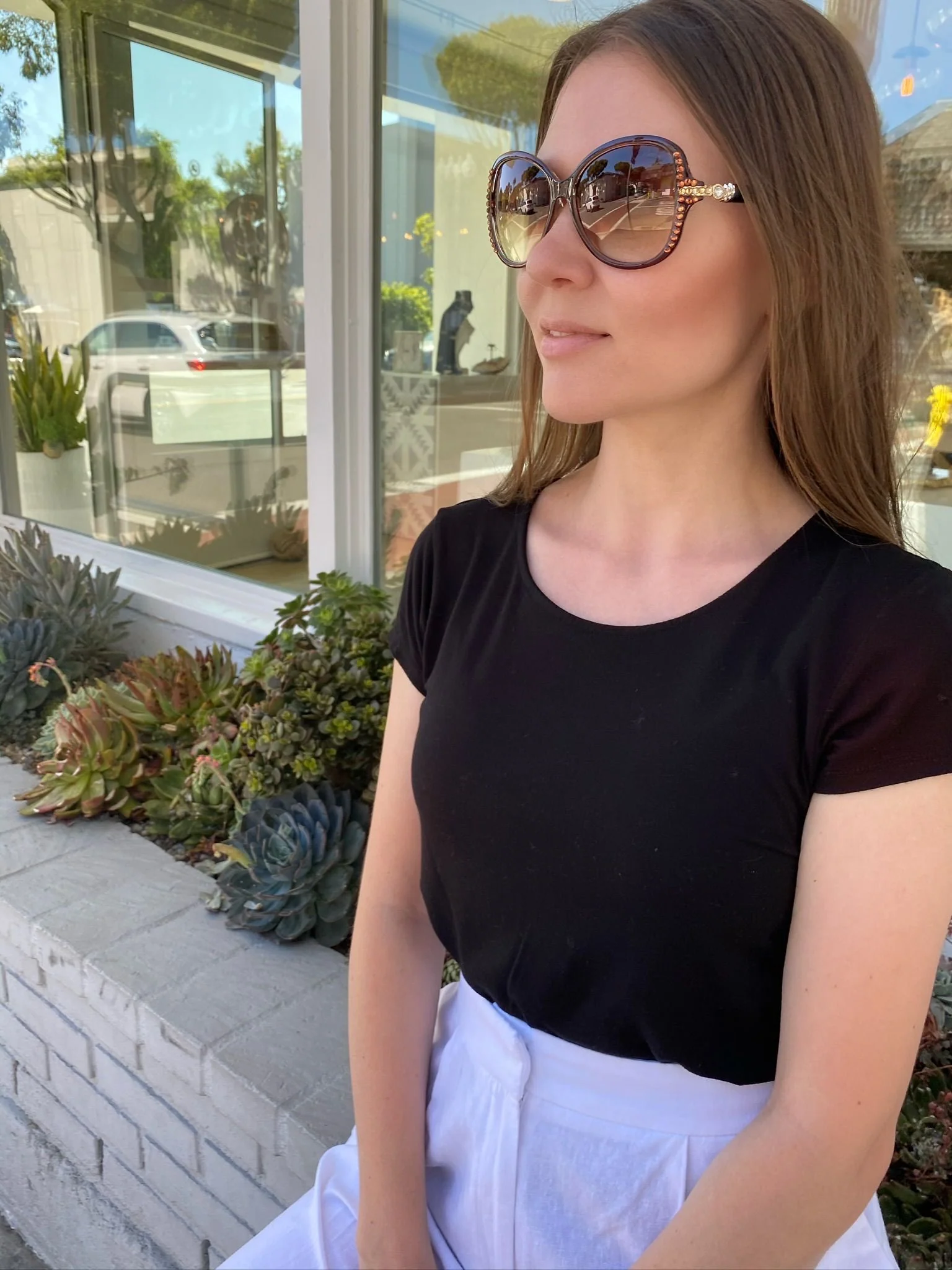Leah S Brown Crystal Gold-Arm Sunglasses (LE192006 BR-B)