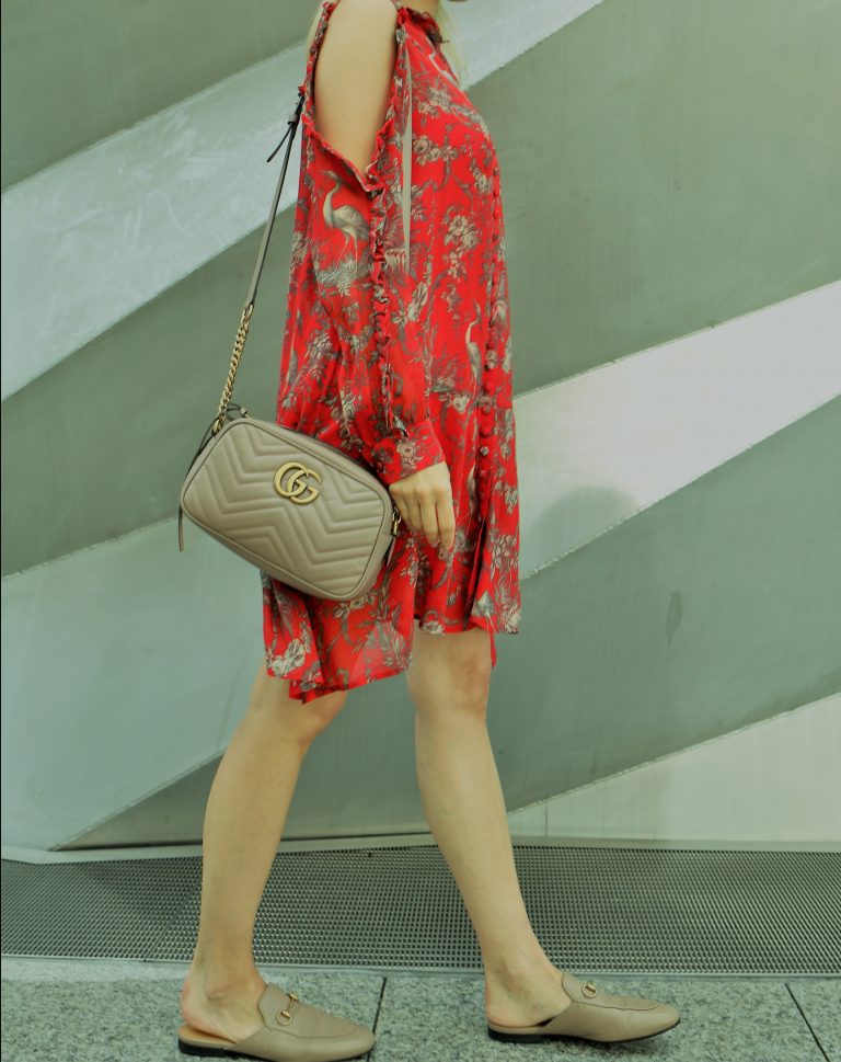 Gucci slipper and marmont bag full body view