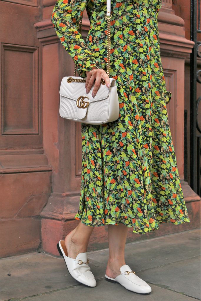 White Princetown mules with green dress and white Marmont bag
