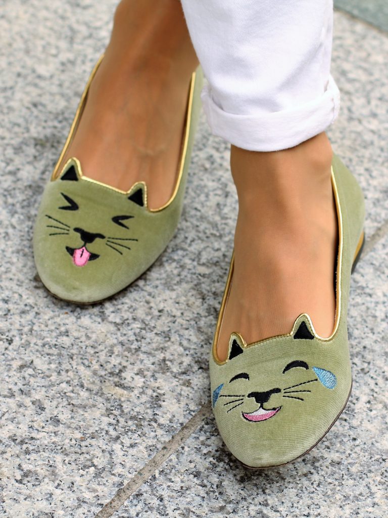 Charlotte Olympia kitty flats in green velvet