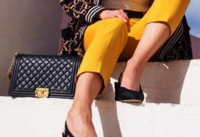 Chanel slingback heels next to Chanel Boy bag