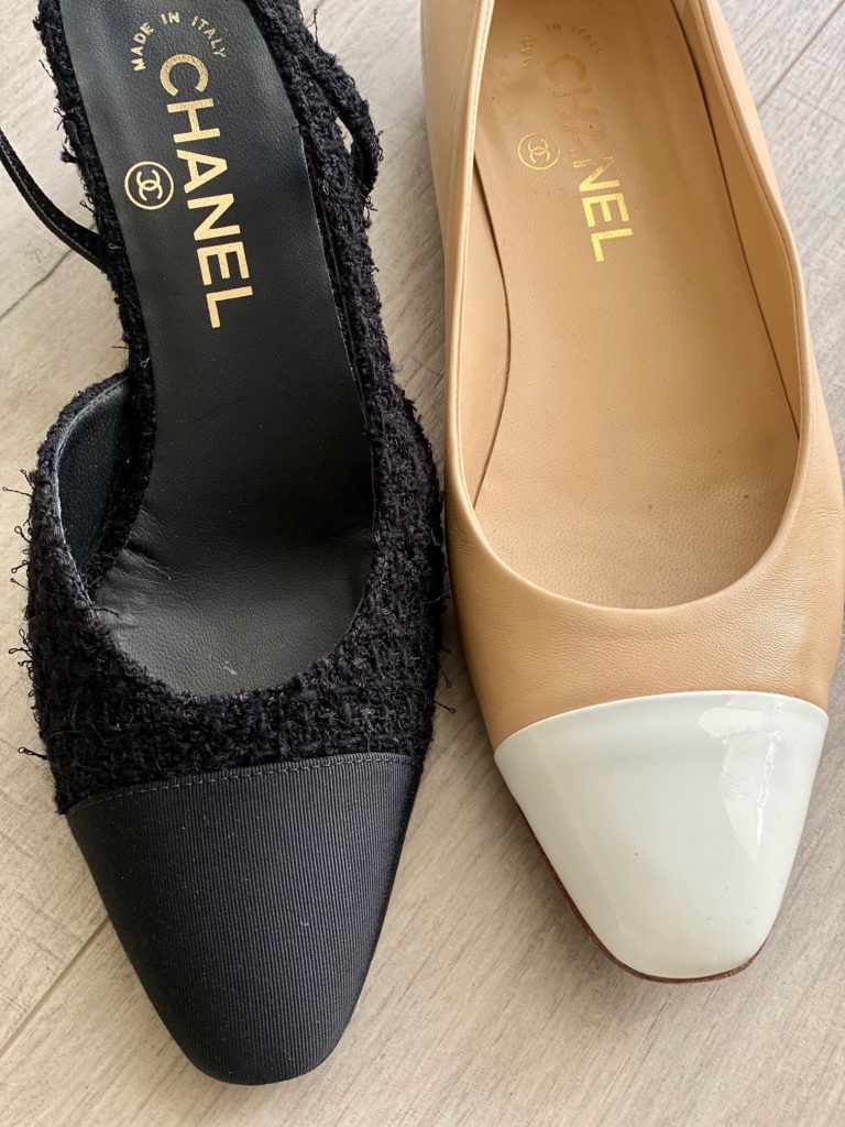 Chanel slingback heels in tweed vs flats with patent toe cap