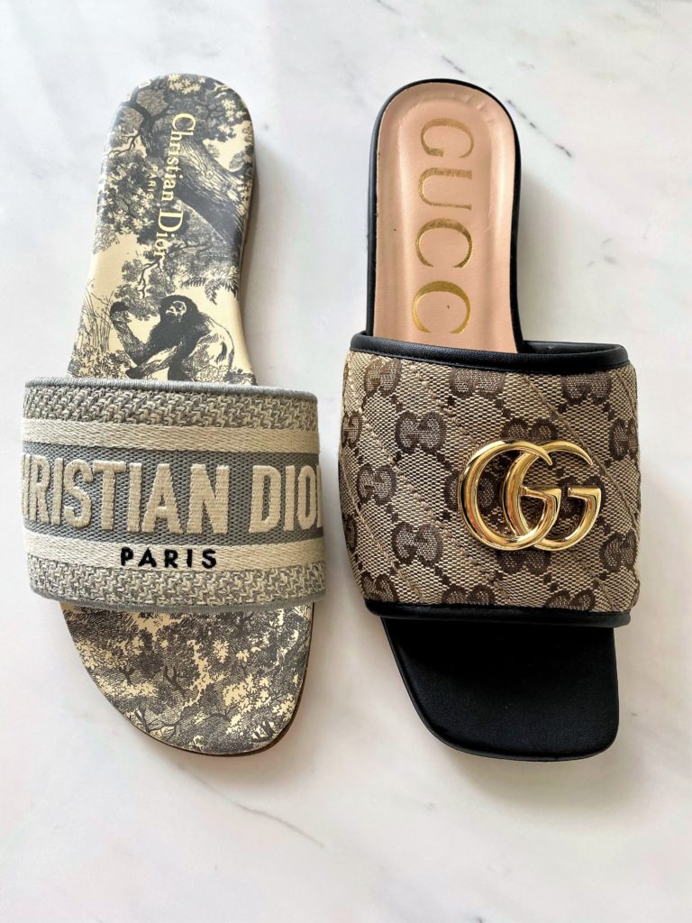 Image showing side by side comparison of Gucci and Christian Dior flat sandals.