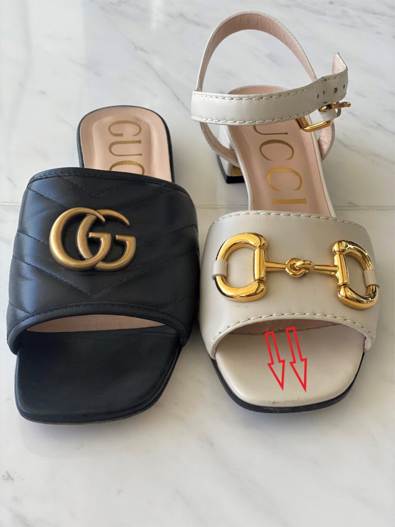 Image comparing two types of sandals and damage to the leather edging